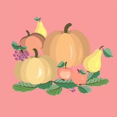 Vector - pumpkin with apples, pears and berries. 
Thanksgiving pattern.