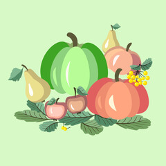 Vector - pumpkin with apples, pears and berries. 
Thanksgiving pattern.