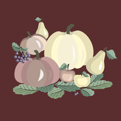 Vector - pumpkin with apples, pears and berries. 
Thanksgiving pattern.