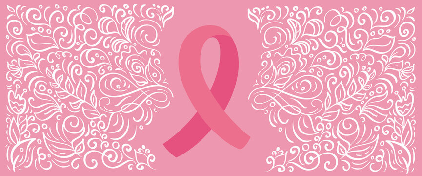 Stylized pink vector banner ribbon of Breast Canser for October is Cancer Awareness Month. Calligraphy illustration on pink flourish background