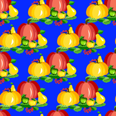 Vector - pumpkin with apples, pears and berries. 
Seamless pattern.