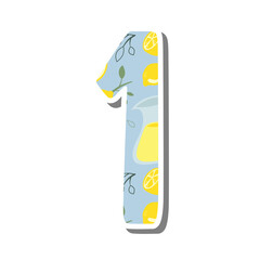 Cute number '1' one with Lemonade Pattern on white silhouette and gray shadow. Lovely letter design for decoration. Vector Illustration about lettering.