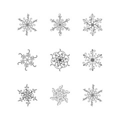 Set of Christmas vector calligraphic snowflakes. Hand drawn icon in trendy flat style isolated on white background. Xmas snow winter illustration