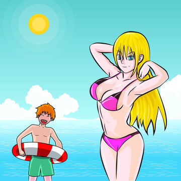 woman wear bikini and boy use bubble prepare to swim at the sea
