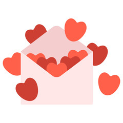 A letter with red hearts on a white background. Pink envelope. Confessions of love, sympathy, feelings. Love relationship. Virtual postcard. Wedding concept. Valentine's Day. Flat, simple style.