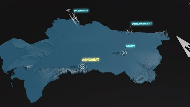 Seamless looping animation of the 3d terrain map at nighttime of Turkmenistan with the capital and the biggest cites in 4K resolution