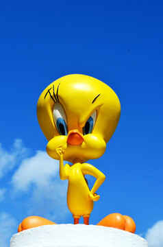Monchique, Faro - Portugal, 30th, March 2013. Studio image of Tweety figure Standing on a wall with a blue sky background