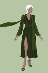 Girl with white hair. Light green dress with a scarf. Lady in green barefoot. Vector flat illustration. Design for cards, avatars, posters, templates, textiles, backgrounds.