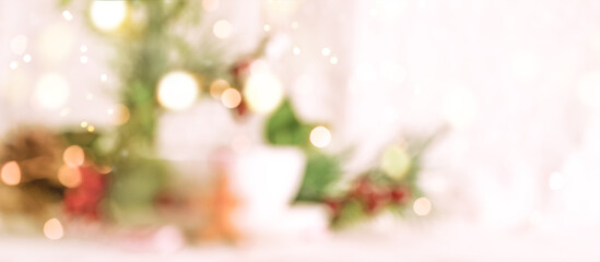 Blurred Happy New year and Christmas celebration. Xmas holiday banner with defocused lights