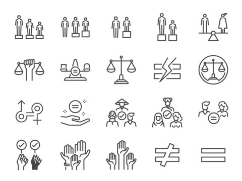 Equality and equity line icon set. Included the icons as gender, racial, sexual orientation, judge, equity, respect, and more.