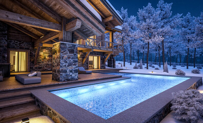 3d rendering of modern cozy chalet with pool and parking for sale or rent. Beautiful forest mountains on background. Massive timber beams columns. Cool winter night with stars in sky.