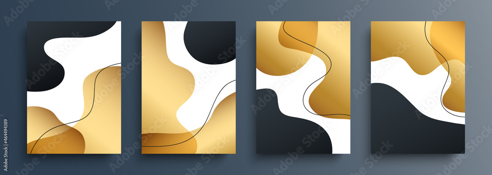 Aufkleber abstract backgrounds or covers set with various golden dynamic shapes and black outlines for your cr