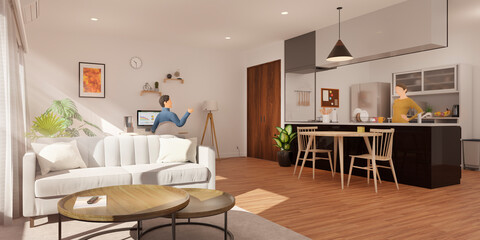 爽やかな陽光が差すリビングインテリアと会話する男女 / ホームオフィス・リモートワークのコンセプトイメージ / 3Dレンダリンググラフィックス