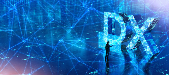 ホログラムスクリーンを操作する若い男性ビジネスマン / DX・デジタルトランスフォーメーション・ITとビッグデータ・未来志向のイノベーションのコンセプトイメージ / 3Dレンダリング