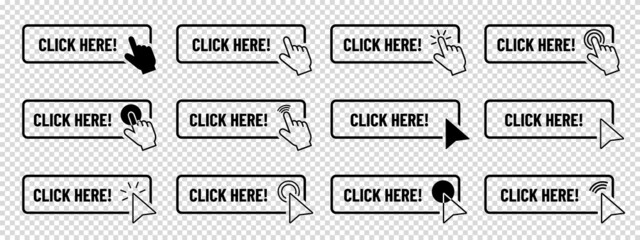 Click Here Button Set - Different Flat Vector Illustrations Isolated On Transparent Background - obrazy, fototapety, plakaty