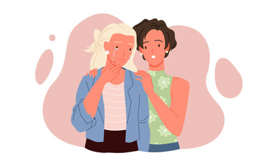 Friends or family support for crying girl vector illustration. Cartoon young woman comforting female best friend or sister, suffering from stress and depression. Assistance, friendship, care concept