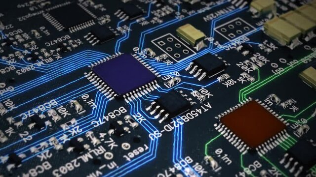 The processor chip on the printed circuit board turns on and alternately sends digital data via electronic lines to other processors and chips, which also begin to perform calculations and send data.