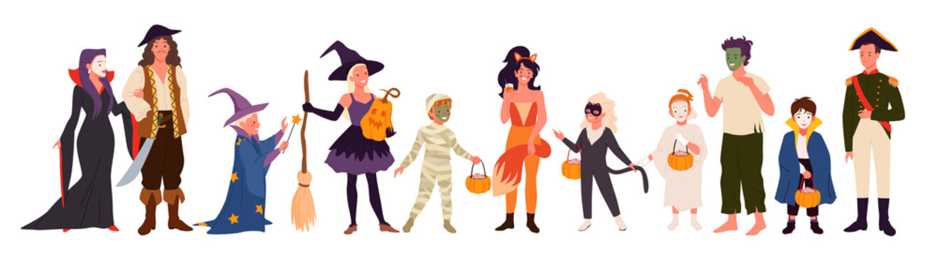 Halloween party characters, adults and children in monster costumes set vector illustration. Cartoon zombie pirate wizard witch mummy fox cat ghost vampire captain standing together isolated on white