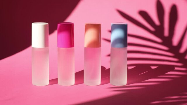 shade from a swaying palm leaf on several spray glass bottles with perfume on pink geometric podiums, composition for perfume presentation, four perfume bottles on stage, pink background