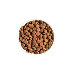 Dry pet food in a white ceramic bowl isolated on white background