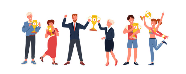 Cartoon sportswoman winning gold trophy cup at competition, business people holding prize in hands. Success, victory concept. Happy people winners with first place awards set vector illustration