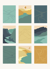 Set of nine beautiful vertical abstract minimal landscapes, backgrounds or card templates in modern colors, in popular art style