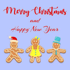Fototapeta premium Gingerbread men and woman homemade biscuits. Merry Christmas and Happy New Year lettering. 
