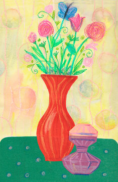 Collage with colored paper and hand drawing with oil pastels. The image of a vase with flowers, a butterfly and a perfume in a childish style, is suitable for a birthday card, for Mother's Day and Val