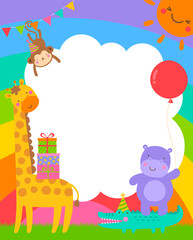 Obraz na płótnie Canvas Cute safari cartoon animals with rainbow background for kids party invitation card template.