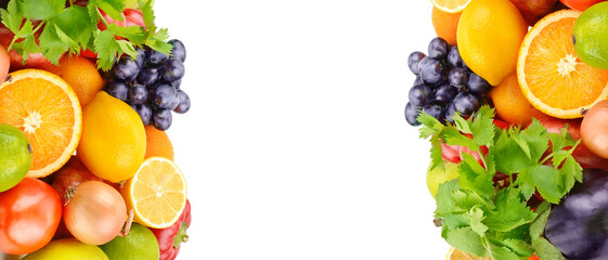 Composition of fruits and vegetables isolated on white . Nice wide frame with free space for text. Collage.