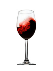 Red wine looking as a storm within a glass on a white background