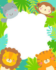 Cute safari cartoon animals and tropical leaves border with copy space for kids party invitation card template. © NTRdesign