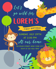 Cute safari cartoon animals with copy space for kids party invitation card template.
