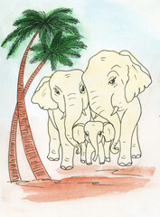 Watercolor poster with elephants on a background with plants.Perfect for a greeting card, for a baby shower, for needlework and hobbies.