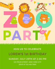 Cute safari cartoon animals and typography design with copy space for kids party invitation card template.