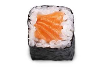Roll of salmon on a wooden white table