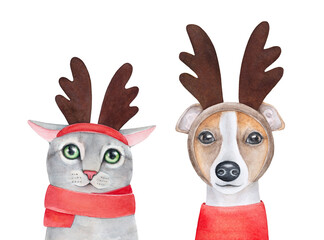 Cat and dog wearing reindeer hat and bright red winter scarf and sweater. Hand drawn watercolour illustration, isolated objects for design, Christmas card, home decor, poster, sticker, t-shirt print.