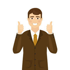 Man shows thumbs up isolated on white background. Modern business man showing okay sign. For web site, poster, placard and app. Vector illustration