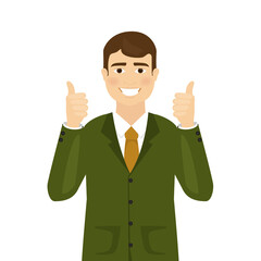 Man shows thumbs up isolated on white background. Modern business man showing okay sign. For web site, poster, placard and app. Vector illustration