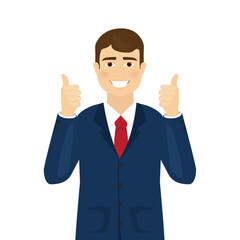 Fototapeta na wymiar Man shows thumbs up isolated on white background. Modern business man showing okay sign. For web site, poster, placard and app. Vector illustration