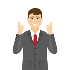 Man shows thumbs up isolated on white background. Modern business man showing okay sign. For web site, poster, placard and app. Vector illustration