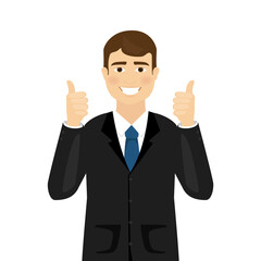 Man shows thumbs up isolated on white background. Modern business man showing okay sign. For web site, poster, placard and app. Vector illustration