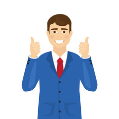 Man shows thumbs up isolated on white background. Modern business man showing okay sign. For web site, poster, placard and app. Vector illustration