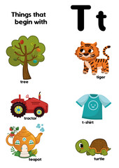 Things that start with the letter T. Educational, vector illustration for children.
