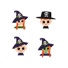 Set of girl, boy and baby with white and green skin, red hair, big eyes and wide happy smile in pointed witch hat with skull. Head of child with joyful face. Halloween party decoration