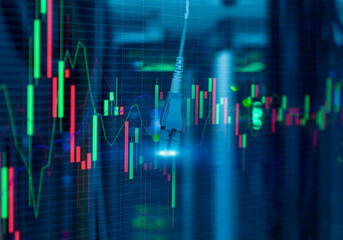 Trading algorithms, stock market chart and optical cable