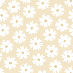 Chamomile flower seamless pattern. White camomile flower petal blossom on pale yellow background. Simple cute hand drawn cartoon style textile fabric pattern template. Vector botany illustration