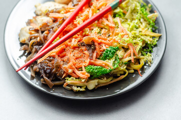 Cooked chicken breast pieces with egg noodles, carrots, and cabbage in a savory chow mein sauce