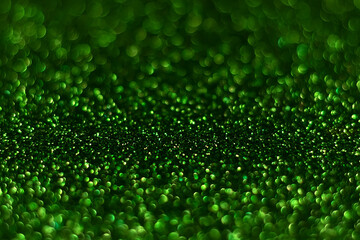 Green sparkling glitter bokeh background, christmas abstract defocused texture. Holiday lights