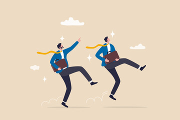 Happy success businessman partner with cheerful jumping metaphor of success in work or career, optimistic or positive thinking, celebrating goal achievement or freedom after work or Friday concept.